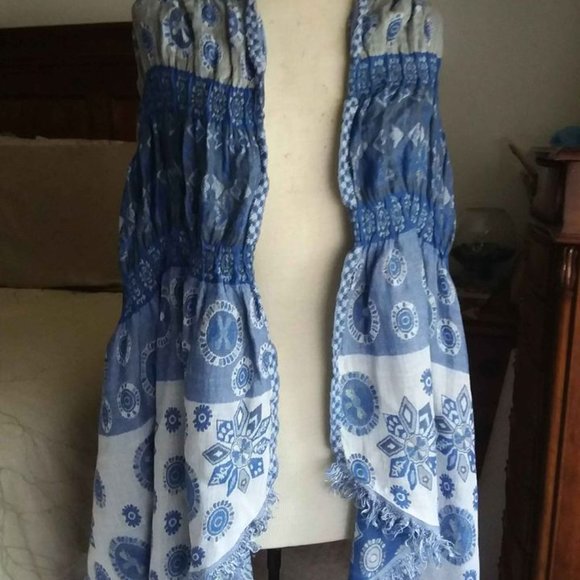 Blue Floral Large Scarf with fringe, 80"x16" - Picture 8 of 8
